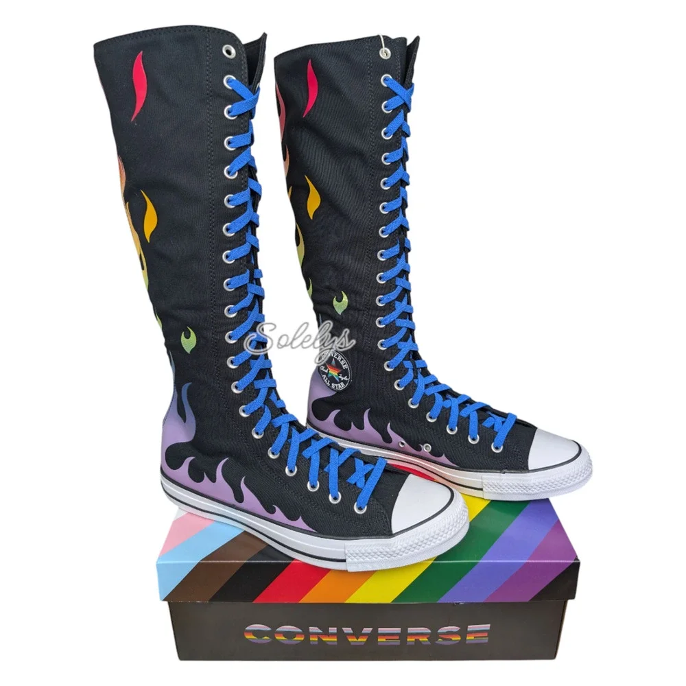 Converse PRIDE XXHI Custom Elastic Laced Rainbow Flame Knee High Sneaker 6.5 NEW - Picture 7 of 11